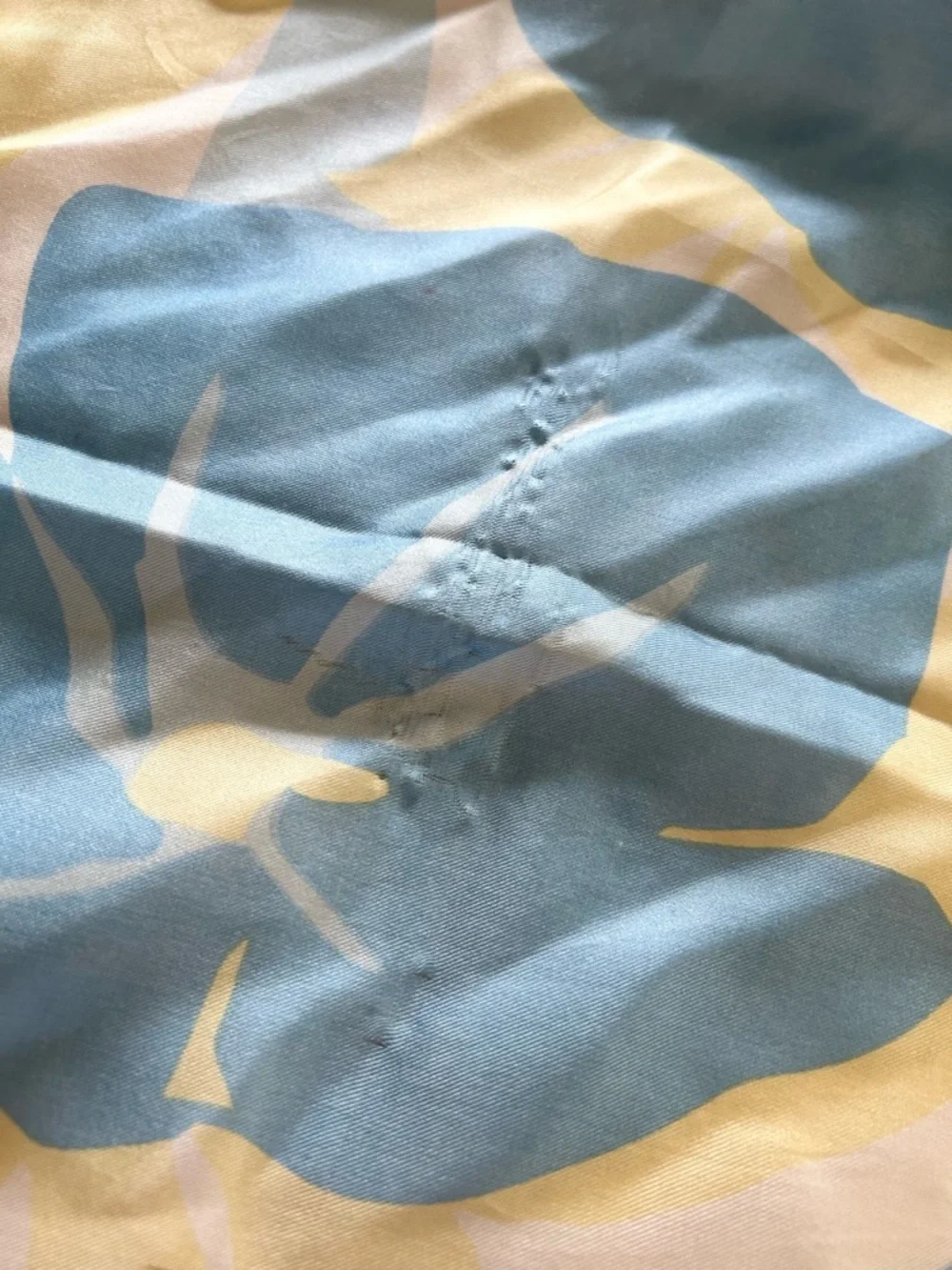 Vintage Pastel Blue and Yellow Silk Scarf *flawed*